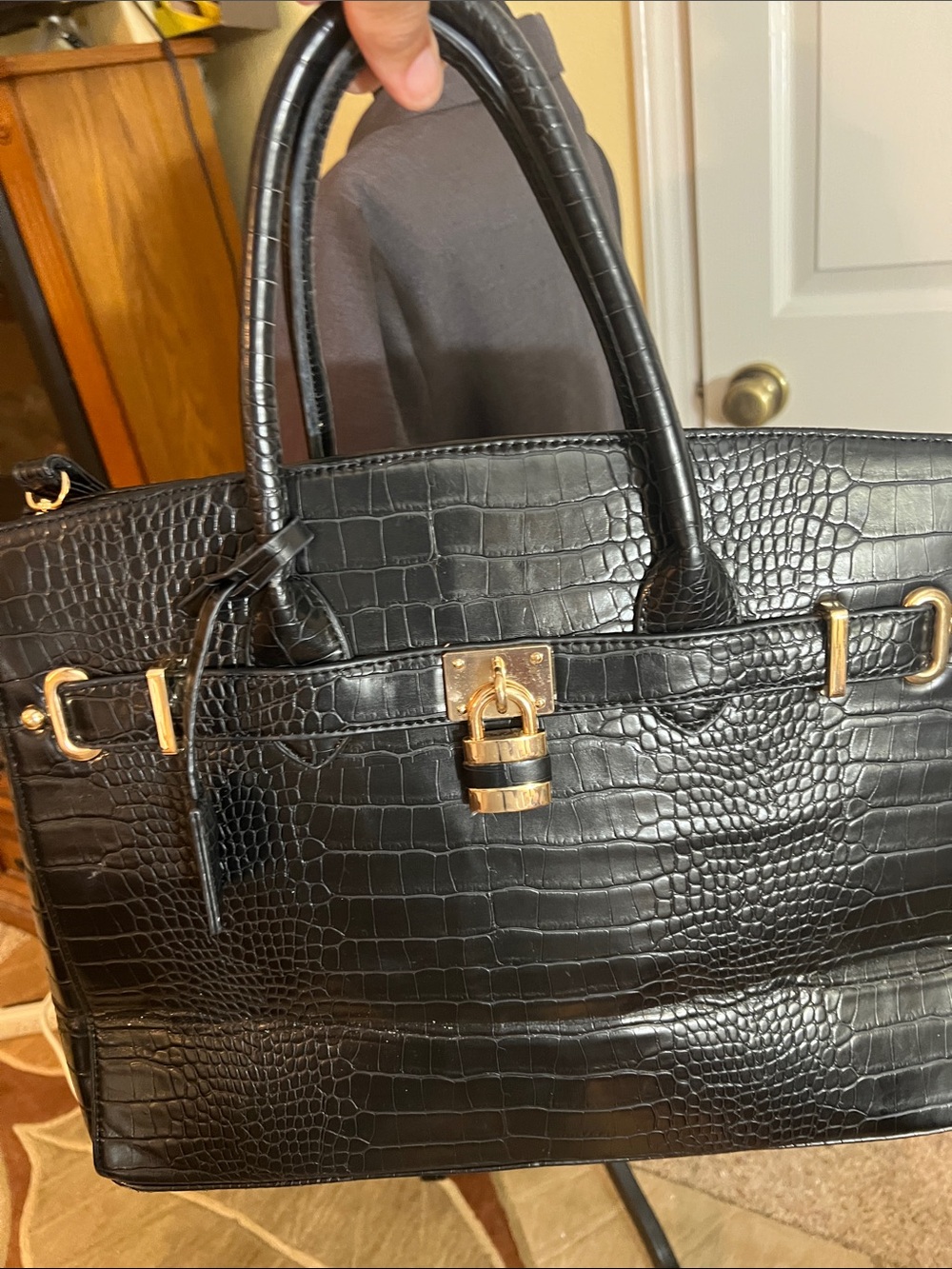 Black Croc-Embossed Tote with Gold Hardware - Picture 5 of 5